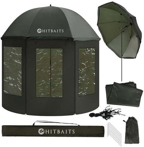 Hitbaits Angelschirm Wasserdichtes, Regenschirm Groß, Regenschirm Sturmfest, Angel Zubehör, Leicht Aufzubauen, Abnehmbar, Schnell Aufspannbar, Langlebig, mit Fenstern und Kappe Brechfähigkeit