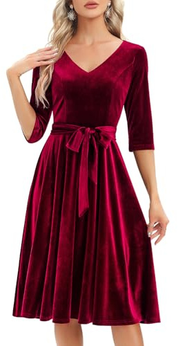 Bbonlinedress Abito Rockabilly da Donna con Maniche 3/4, Scollo a V, Lungo a Midi, Maniche Lunghe, Abito Festivo per Matrimonio, Stile Vintage, Abito da Cocktail, M