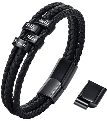 TempBeau Armband Herren Personalisierte Geschenke : Papa Lederarmband Schwarz Silber Leder Armkette Länge Einstellbar Opa Armbänder Schwarz Silber für Männer Daddy Freund Modeschmuck Vatertag (4Name)