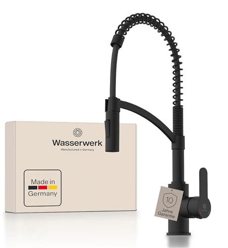 Wasserwerk WK3 Küchenarmatur - Design-Wasserhahn Küche - Schwarz Matt - Herunterziehbare Brause - Armatur mit Energiesparfunktion & Verbrühschutz - Premiumqualität Made in Germany
