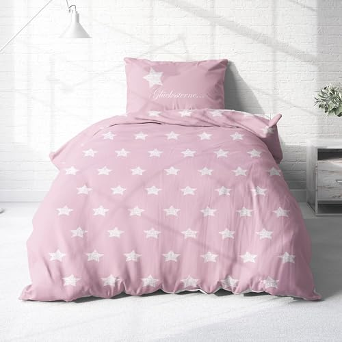 Bettwäsche aus 100% Baumwolle 2tlg. 135x200 + 80x80 cm Sterne rosa | Renforcé Bettwäsche mit Reißverschluss, leicht, atmungsaktiv, bügelfrei, ideal für Frühling und Sommer, Made in DE, OEKO-Tex