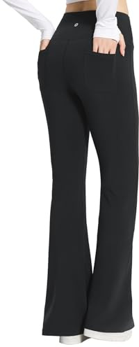 BALEAF Yogabyxor, dam, hög midja, slagbyxor, magkontroll, fritidsbyxor, bomull, sportbyxor, långa, yogabyxor, med fickor, normal/stora, Svart (innersula: 81 cm), XS