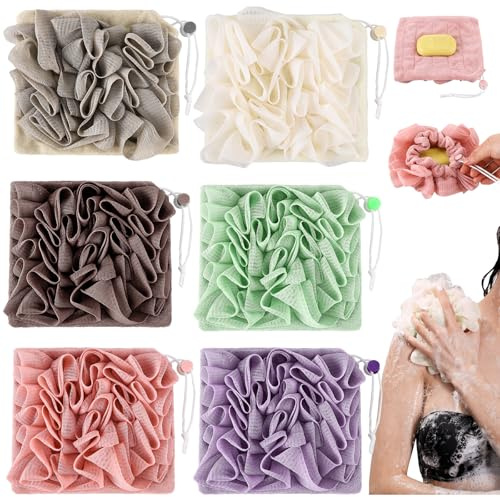 Swiffen 6 Pack Washcloth Loofah Combo 2 in 1 Drawstring Loofah Sponge with Bar Soap Pocket Exfoliation Mesh Shower Puff Ball for Body Wash Cleansing and Smooth Skin (Multicolor)