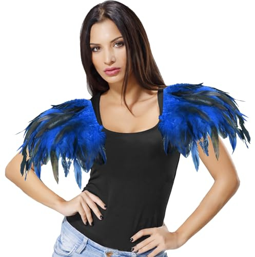 AUNGKWANG Damen Gothic Federkragen, Federkragen Federumhang, Feder Achselzucken, Schulterpolster aus Federn, Damen Erwachsene, Schal Schulterumhang für Halloween Cosplay Party Kostüm (Königsblau)