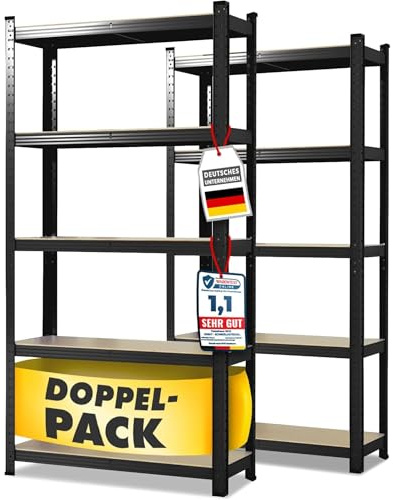 OfficeMarshal Doppelpack Schwerlastregale schwarz, 200 x 100 x 50 cm | Steckregal, Lagerregal, Standregal, Stecksystem ohne Werkzeug montierbar (Lakota)
