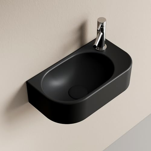 EMKE Lavabo Sospeso 400 x 215 x 120 mm, Nero Opaco,Rubinetto a Destra | Lavabo Compatto ed Elegante per Piccoli Bagni e WC Ospiti – Installazione a Parete