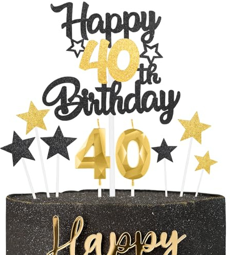 Black Gold Happy 40th Birthday Candles Cake Topper Set,Gold Number 40 Birthday Candles with Black Gold 40th Birthday Cake Toppers Star Cupcake Toppers for Men Women Birthday Anniversary Decorations