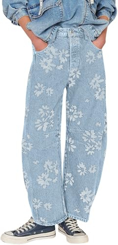 loveimgs Women Y2k Distressed Barrel Jeans Baggy Wide Leg Jeans Floral Printed Boyfriend Patchwork Denim Pants (X-Large,Light Blue)