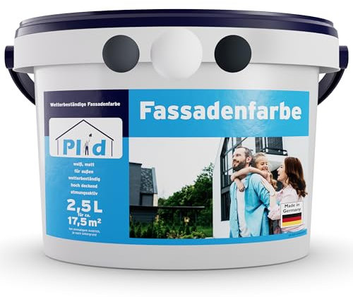 Plid® - Pintura para fachada exterior blanca - 2,5 l [resistente a la intemperie y a los rayos UV] - Pintura de alta calidad para mampostería, pared de casa, hormigón y sótano - Color de la base
