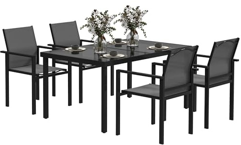 Outsunny Salon de Jardin extérieur 4 Personnes, Table de Jardin extérieure avec 4 chaises empilables, Plateau en Verre trempé 140 cm, mobilier de Jardin, terrasse, Porche, Noir