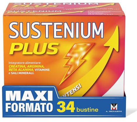 Sustenium Plus, lntegratore Multivitaminico con Creatina, Energia, 34 Buste | Energia Fisica e Mentale, con 3gr Creatina monoidrato, L Arginina, Beta Alanina, Vitamine, Minerali, Senza Zuccheri o Glutine