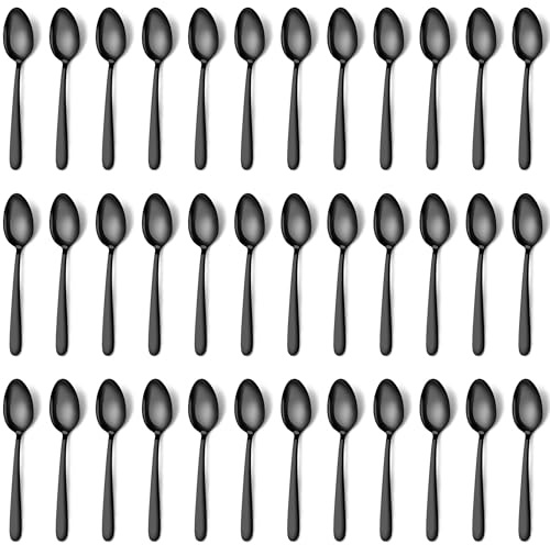 Pleafind 36 Pieces Black Teaspoons Set - 6.2 inch, Spoon Silverware, Stainless Steel Tea Spoons, Mirror Polished Small Teaspoon, Dessert Spoons for Home, Kitchen, Restaurant, Dishwasher Safe