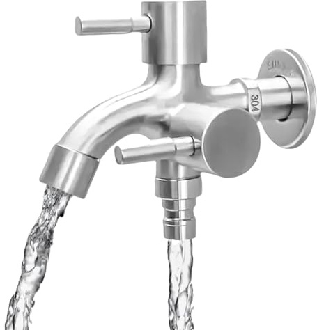 Universal 1/2 Zoll Doppel Wasserhahn Garten Auslaufhahn Edelstahl Doppelter Auslauf Doppelventil Wasserhahn für Waschmaschine Küche, Bad