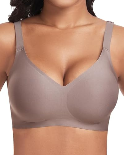 Jiuday BH ohne Bügel Push Up BH Große Brüste Starker Halt Bügelloser Bustier Damen Gepolstert Seamless Soft Bra ohne Buegel Bequemer T Shirt V-Ausschnitt Bralette (Kaffee,2XL)