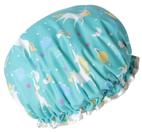 Anneome Cartoon Duschhaube Damen Badehaube Doppellagig Ölbeständig mit Einhorn Motiv für Duschen Kochen Spa