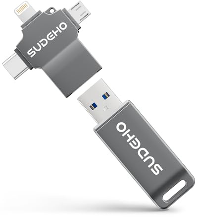 Memoria USB 128GB para iPhone con certificación MFi, Memoria Externa 4-en-1 USB 3.0 de Alta Velocidad, Pendrive iPhone para lPhone/iPad/Android/PC/Mac, USB para Fotos, Vídeos y Música, Negro