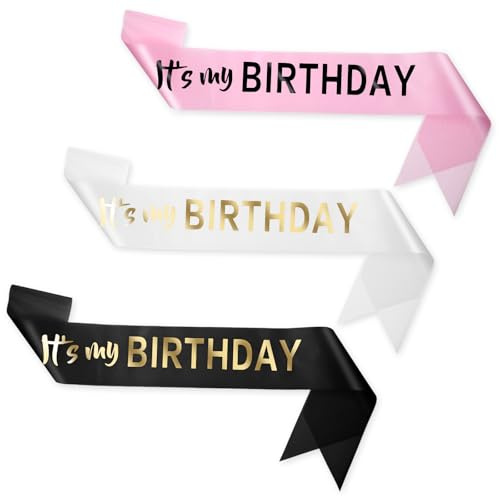 It's My Birthday Sash for Women, 3 Pack Happy Birthday Sash with Gold Foil for Women Men Girls Boys Birthday-Decorations (Pink White Black)