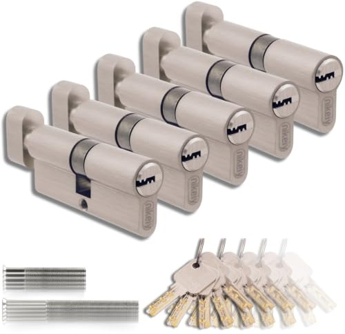 Juego De 5 Cilindros De Latón 35/35 Mm Con Pomo, Llave Única, Llaves Y Tornillos Incluidos, Montaje Fácil Para Puertas Y Garajes, Longitud 70 Mm