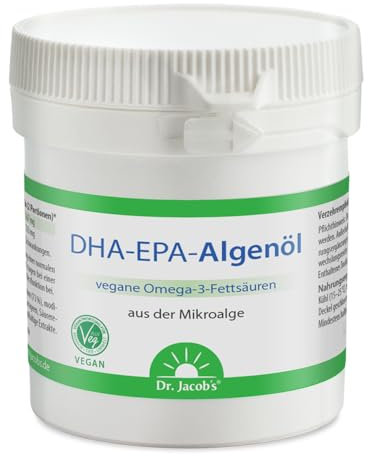 DHA-EPA-Algenöl Kapseln I Omega-3-Fettsäuren aus der Mikroalge I für Herzfunktion¹, Gehirnfunktion und Sehkraft² I 250 mg DHA und EPA pro Kapsel I Dr. Jacob's I 60 Kapseln I vegan