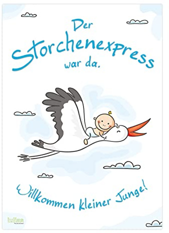 iulias Freude schenken! Poster zur Geburt Junge I Baby auf Storch blau I XL Plakat DIN A2 I Willkommen zu Hause Begrüßung mit Klapperstorch I Geburtsgeschenk Deko Babyparty Geburtsstorch Schild