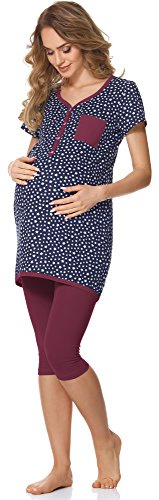 Bellivalini Damen Umstands Pyjama mit Stillfunktion BLV50-126 (Marineblau Sterne/Weinrot, L)