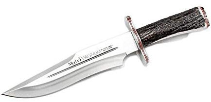 Muela Cuchillo MAGNUM-23.TO Cuchillo MAGNUM-23 hoja de acero ACX-380 de 23 cm y empuñadura de asta de ciervo para Caza, Supervivencia y Bushcraft Realizado en Ciudad Real + Portabotellas de regalo