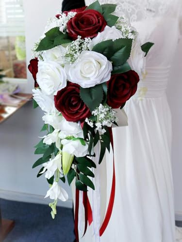 ChezMax Wedding Bridal Bouquet, Bride Artificial Rose Flowers with Ribbons, Bridesmaid Fake Flower Bunch 11.8 Inch, Tossing Cascading Bouquet for Boho Rustic Ceremony Anniversary Party Decorations