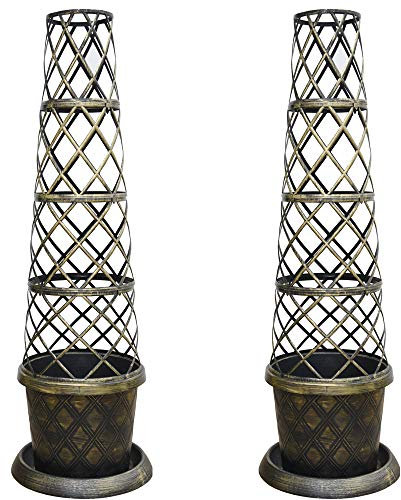 Flower Tower pot Kit Large Patio pot with saucer matching lattice style tower frame black & gold effect Ideal for climbers, vines or vegetables, durable garden plastic 2 x 39cm Pot by T&M