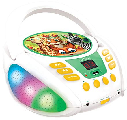 Lexibook, Dschungeltiere, Bluetooth-CD-Player für Kinder, tragbar, mehrfarbige Lichteffekte, Mikrofonbuchse, Aux-in-Buchse, AC- oder batteriebetrieben, Mädchen, Jungen, Weiß/Grün, RCD109ANX