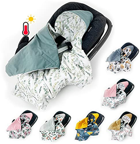 BABEES Einschlagdecke für Babyschale Autositz FRÜHLING SOMMER, Universal Velvet Baby Decke mit Klettverschluss Babytragen leicht Übergangssaison eukalyptus