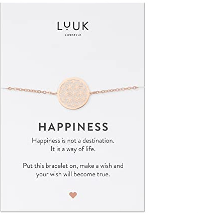 LUUK LIFESTYLE Moderne Edelstahl Damen Armbänder mit Anhänger, HAPPINESS Spruchkarte, filigraner Damenschmuck, Geschenkidee, Glücksbringer, Gold, Silber und Roségold