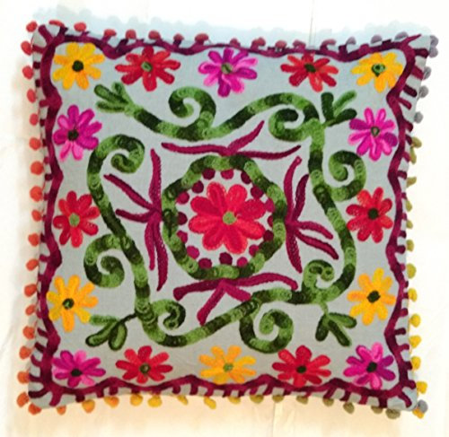 Traditionelle Jaipur Suzani Kissenbezug 16 x 16, dekorativer Überwurf-Kissenbezug, indisches Outdoor Kissen, Boho Pom Pom kissenrollen (20)