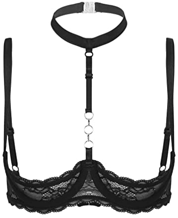 iiniim Damen Hebe BH Bustier Neckholder Push Up Spitze Bra 1/4 Bügel BH Tops Büstenhebe Büstenhalter Dessous Unterwäsche A Schwarz M