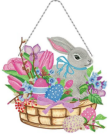 DIY Diamond Painting Osterhasen Ostereier Anhänger Kit Diamant Malerei Osterdeko Handwerk Wandbehang Mosaik Kunst Tür Fenster Ostern Deko Ornament Geschenk (J)