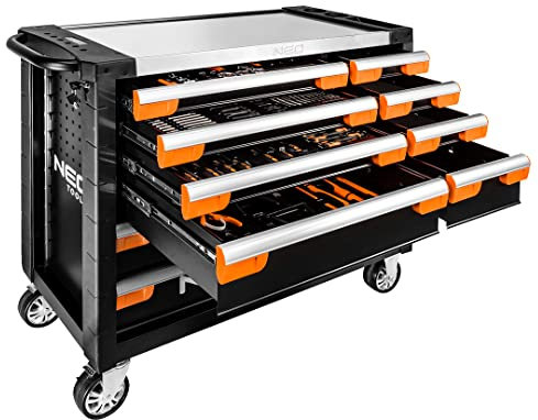NEO TOOLS Tool Cabinet 12 Drawers 1105 x 465 x 825 mm (with Wheels), Steel Body, Load Capacity 600 kg, Aluminium Plate with Compartments, Corner Stops, Side Handle, Drawer Lock