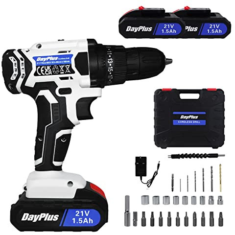 Akku-Bohrschrauber 21V Akku Schlagbohrschrauber mit 2x 1500mAh Akkus, 2 variable Drehzahlen, 25+1 Drehmoment, LED Licht, kompakte Bohrmaschine mit 29 Stück Bohrer-Bits und Koffer