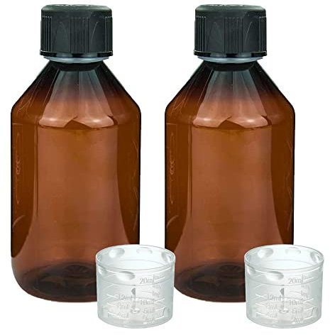 Devitre 2 braune Laborflaschen 250 ml PET mit Kindersicherung inkl. Messbecher und Etiketten