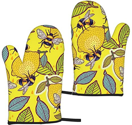 Heat Resistant Oven Gloves Sets Of 2 - Yellow Lemon And Bee Printed Kitchen Non-Slip Microwave Oven Mitts 1 Pair For Baking Cooking Bbq
