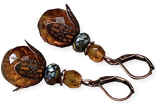 Große Vintage Ohrringe mit böhmischen Glasperlen - braun, hellbraun, bernsteinfarben, antik-grün-travertin & kupfer