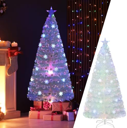 COSTWAY 180 cm Weihnachtsbaum Künstlich mit Beleuchtung, Tannenbaum mit bunten LED-Lichtern & Glasfaser & Sternspitze, Christbaum für Zuhause Büro Geschäfte Hotels, Weiß