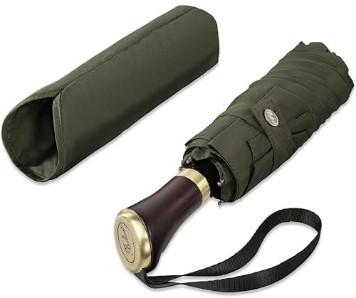 Balios Compact Umbrella Travel Manual Mini Pocket Windproof, Large Canopy, Ultra-Comfortable Hardwood Handle, Lightweight, Strong Frame, Long Shaft Folding Umbrella, Olive Green with Hardwood Handle