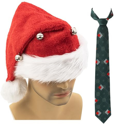 DSKOBT Hut für Herren, 1989er-Jahre-Kostüm, Zubehör, Krawatte, Weihnachtsmannmütze, Set für Urlaubsparty, Weihnachtsmütze und grüne Krawatte, Medium