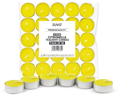 Zuvo Citronella Tealight Candles (50 Pack) – 4-Hour Burn, Anti-Mosquito Outdoor & Indoor Scented Tea Lights – Natural Insect Repellent, Yellow