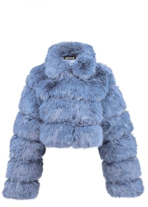 QUEEN HELENA Pellicciotto Corto Invernale Caldo Giacca con Pelo Morbido Pelliccia Peloso Donna PLC06 Azzurro