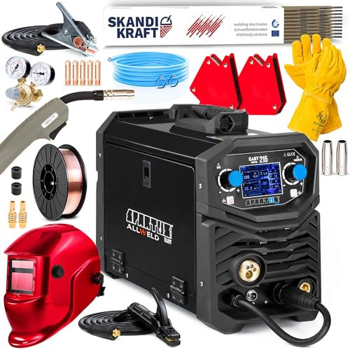 Spartus EasyMIG 215 - 200A Soldador inverter multifuncional, Sinergia completa – Soldadura: MMA, TIG, Flux - Con pantalla LCD, soldadura con estaño e inductividad - Set Premium