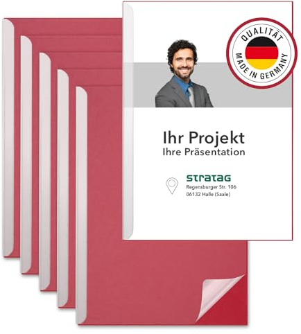 STRATAG Klemmschienen-Set (20 Stück) mit transparentem Deckel aus PP Kunststoff sowie Binderücken aus stabilem 350 g/m² Karton (Klemmmappe A4 Rot Rubinrot)