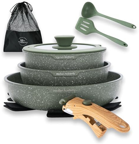 Kitchen Academy Lot de 10 Casseroles et Poêles, Poignée Amovible,Couvercles en Verre et Revêtement en Marbre et Revêtement Anti-adhésif Compatible Induction Poignée Lisse et Veinée Verts
