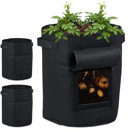Relaxdays Pflanzsack 3er Set, Kartoffelsack mit Sichtfenster, Pflanzkübel, HD: 35 x 30 cm, Stofftopf Vliesstoff, schwarz