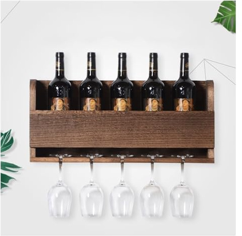 Estante de vino rústico de madera de nogal montado en la pared, moderno estante flotante para botellas de vino y vasos, almacenamiento de cocina y bar