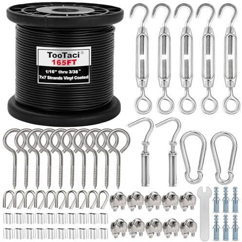 TooTaci Outdoor String Light Hanging Kit, 50M/2mm Black Coated Stainless Steel Guide Wire for Strings Lights & Turnbuckle Wire Tensioner Kit, Anti-sagging Festoon Light/Patio Garden Light Suspension